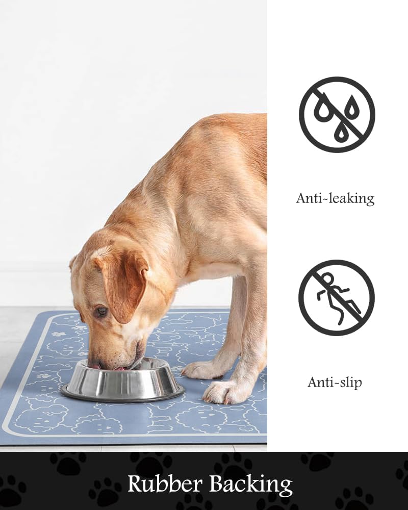 Pet Feeding Mat-Absorbent Dog Mat for Food and Water Bowl-No Stains Quick Dry Water Dispenser Mat-Dog Accessories Pet Supplies-Bowl for Messy Drinkers（BLUEDOGS,16"x24"