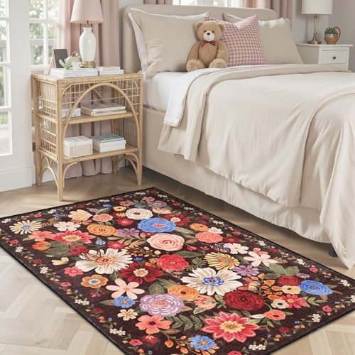 Floral Machine Washable Rug 3x5 Espresso by WelcometoBabovid