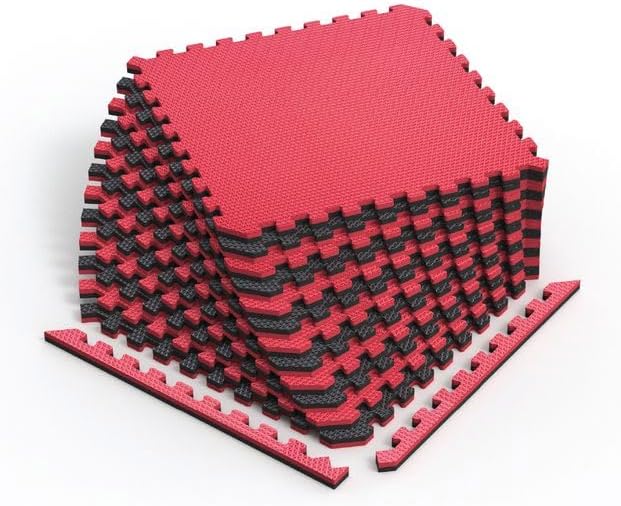 Norsk Reversible Gym Exercise Mats 3/4" Thick EVA Interlocking Foam Tiles, Perfect Gym Flooring for Home Gym, 12 24"x24" Tiles & 24 Trim Pieces, 48 Sq. Ft. Reversible, Red/Black