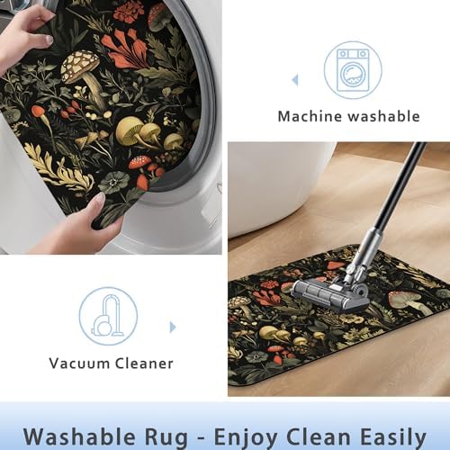Retro Mushrooms Bathroom Rug 29.5"x17", Super Absorbent Fast Drying Bath Mat - Image 5