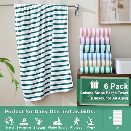 JML Microfiber Beach Towels, 6 Pack, Cabana Stripe Dark Green - Image 2