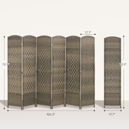HOMCOM 6 Panel Room Divider 6 Ft Privacy Screen Hand-Woven Dark Rustic Oak - Image 7