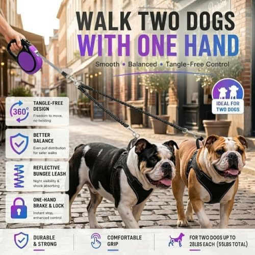 Double Retractable Dog Leash for Two Dogs, Combined Weight Up to 110 lbs – 18.6 - Image 3