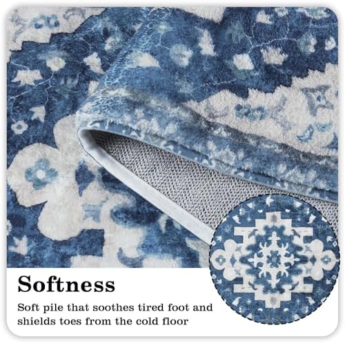 Uphome Vintage Bathroom Rug Blue Boho Non-Slip Bathroom Mat Oriental Soft - Image 2
