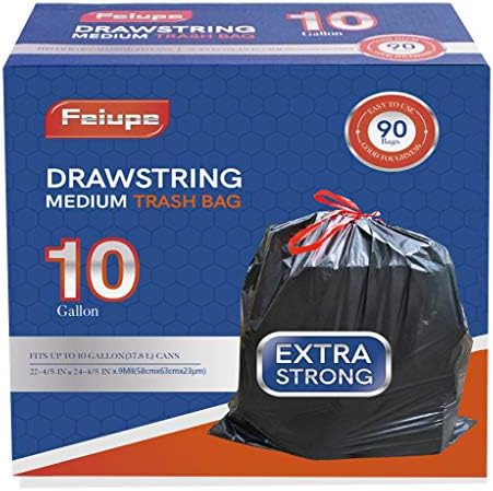 10 Gallon Drawstring Trash Bag Garbage Bag Trash Can Liner, 0.9 Mil by Feiupe