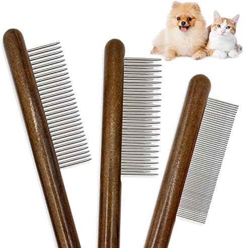 3 Pack Solid Wood Cat Combs, Stainless Steel Teeth by ZKKZOMA