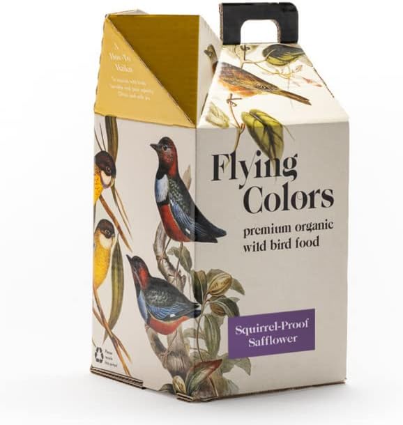 Flying Colors Premium Organic Wild Bird Seed | Squirrel-Proof Safflower Seed | 100% USDA Organic, No Fillers, No Pesticides | 3 Gallon Easy-Pour Carton