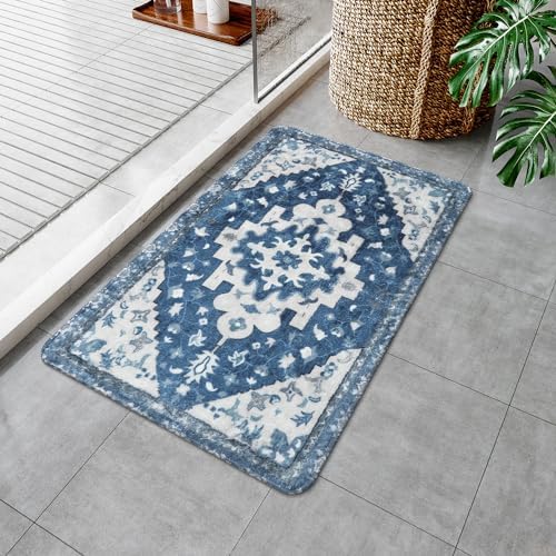Uphome Vintage Bathroom Rug Blue Boho Non-Slip Bathroom Mat Oriental Soft - Image 6