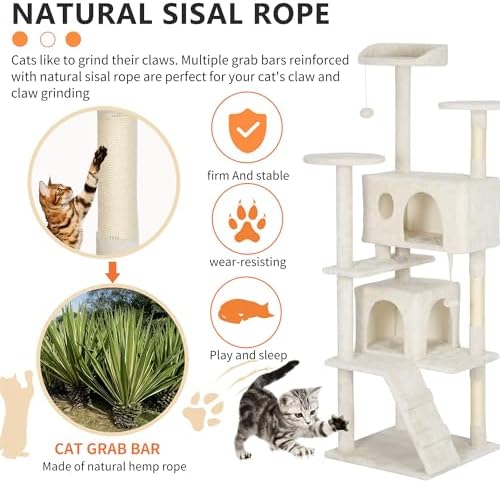 BestPet | 62" Cat Tree Tower | Beige | Sturdy Multi-Level Cat Tree - Image 4