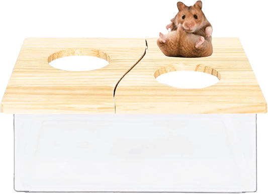 Hamster Sand Bath Box Container, Small Pet Sandbox Lid Design Take Bath Wooden Sandbox Dust Bath, Transparent Bathroom & Digging Box Acrylic Syrian Hamster Litter Box Small Animal Accessories (B)