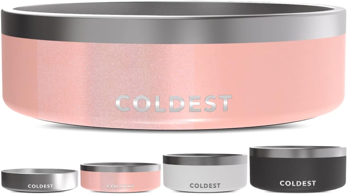 Coldest Dog Bowl - Anti Rust Metal, Non Slip, 3 Layers Insulated Stainless Steel Dog Bowls - Spill Proof & Heavy Duty - Water Bowl for Dogs, Cats & Pets, Dish Washer Safe (42 oz, Forever Pink Glitter)
