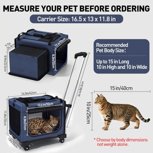 Rolling Cat Carrier with Wheels, 16.5 x 13 x 11.8 in - Image 3