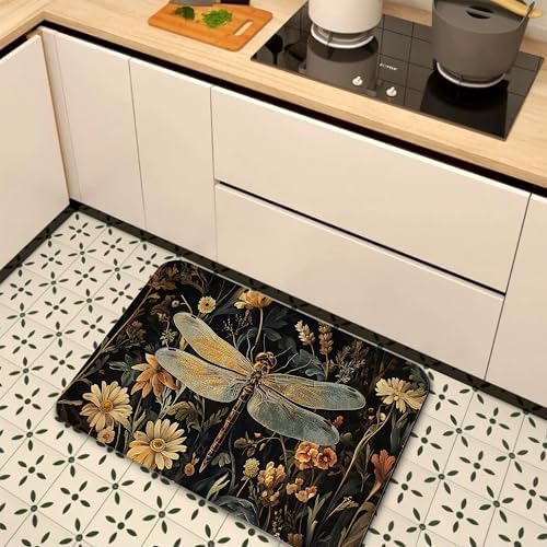 Bathroom Floor Mat, Vintage Dragonfly Bathroom Rugs, Quick Dry Rustic Flowers - Image 7