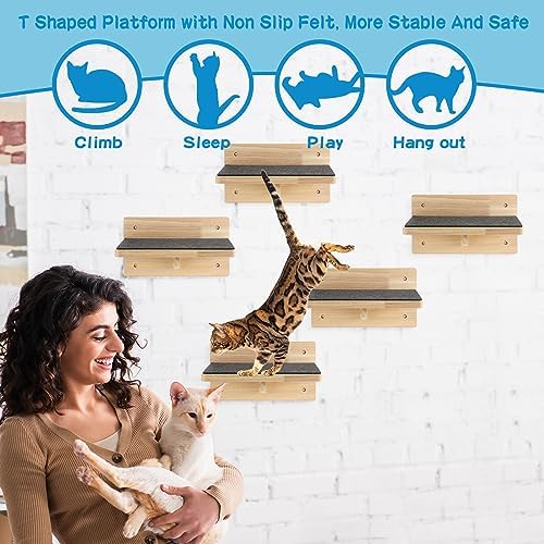 Lenwen 6 Set Cat Wall Shelves, Wood Cat Climbing Step, Wall Mounted - Image 5