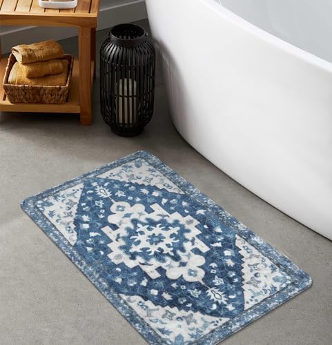 Uphome Vintage Bathroom Rug Blue Boho Non-Slip Bathroom Mat Oriental Soft by Uphome