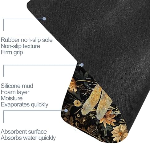 Bathroom Floor Mat, Vintage Dragonfly Bathroom Rugs, Quick Dry Rustic Flowers - Image 6