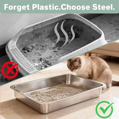 2 Pack Low Entry Stainless Steel Cat Litter Boxes, Metal Shallow Litter Box - Image 4