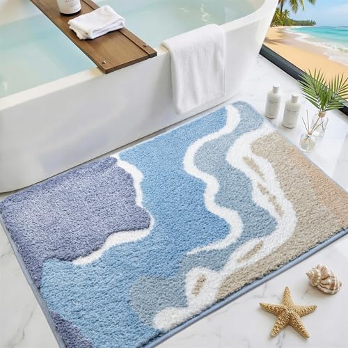 Blue Bathroom Rugs Cute Fluffy Plush Microfiber Absorbent by Cevolyn