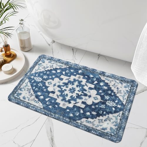 Uphome Boho Bathroom Rugs Blue Vintage Non-Slip Bath Rug Oriental Soft Machine by Uphome
