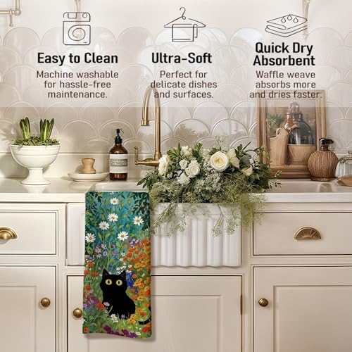 Black Cat Kitchen Towels, Cats Flower Decor - Image 3