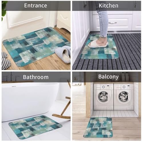 Abstract Turquoise Grey Geometric Bath Mat Non-Slip Soft Microfiber Bathroom - Image 7
