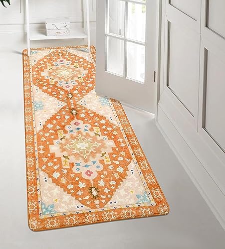 Uphome Boho Bathroom Runner Rug Orange Non-Slip Soft Bedroom Rug Machine by Uphome