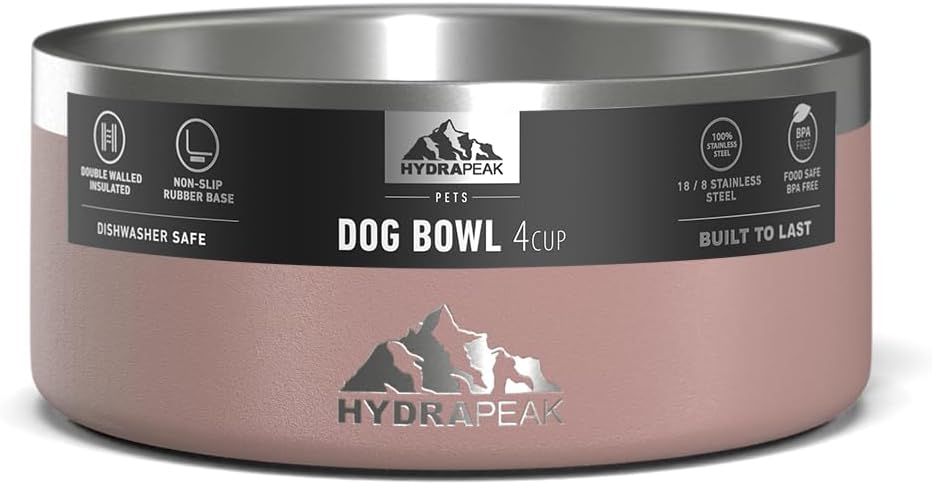 Hydrapeak Dog Bowl; Non Slip Stainless Steel; Water and Food Dish; Large Sized and Small Dogs; 32oz 64oz; Multiple Sizes; 4 Cup | Rosewood