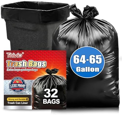 Teivio Large Black Trash Bags 64-65 Gallon 32 Count 60+ Gal Garbage Bags by Teivio