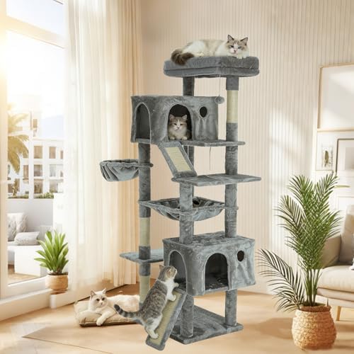 68.9 Inch Upgraded Cat Tree 2 Scratching Boards Beds Hammock Toy Ball Grey - Image 6