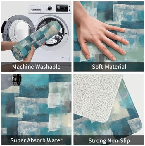 Abstract Turquoise Grey Geometric Bath Mat Non-Slip Soft Microfiber Bathroom - Image 6
