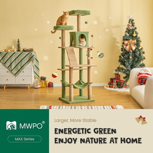 MWPO 70.1-Inch Green Large Cat Tree, Plush Cat Condo - Image 2
