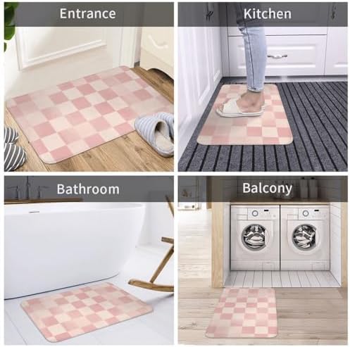 Pink Checkered Bath Mat Non-Slip Soft Microfiber Bathroom Rugs Washable Bathmat - Image 7