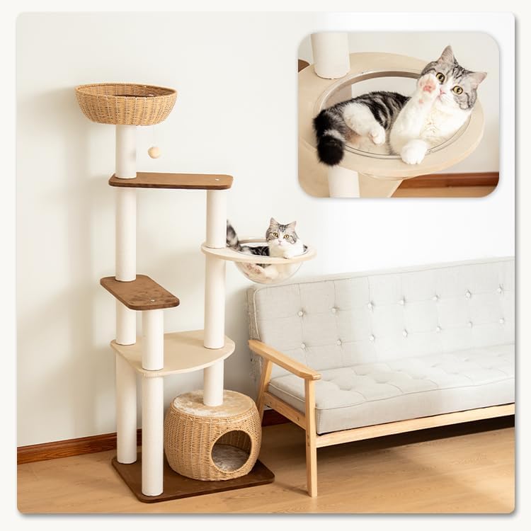 Wooden Cat Tower for Large Cats, 63’‘ Modern Multi-Level Condo with Natural Wood, Indoor Cat Furniture for Medium and Big Pets (White 81007DD)