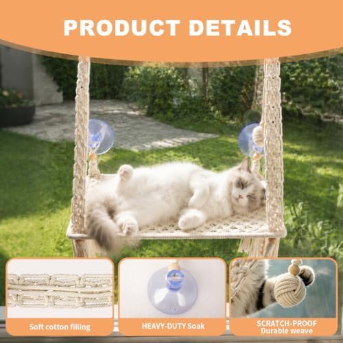 Macrame Tassel Boho Cat Window Perch, 17.7”-11.8” Metal Frame Window Bed - Image 2