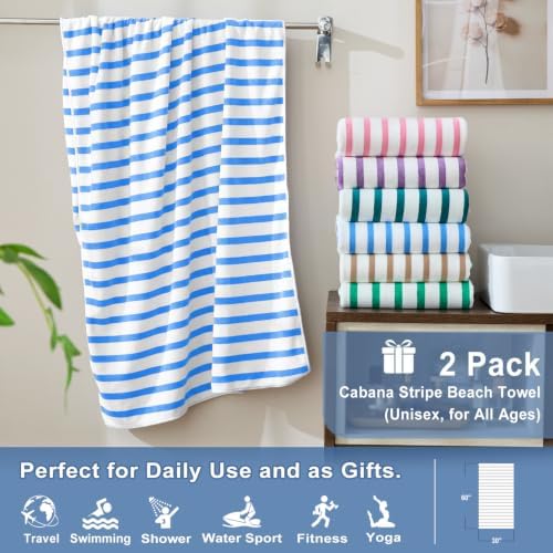 JML Microfiber Beach Towels, 2 Pack, Cabana Stripe Blue - Image 2