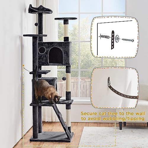 Yaheetech 80in XL Multi-Level Cat Tree, Double Caves, Sisal Posts - Image 5