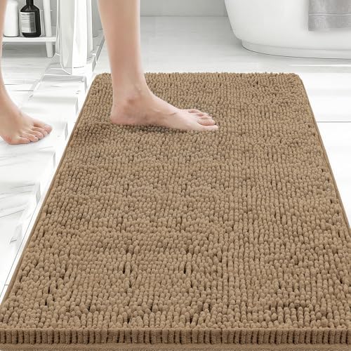 Bcoimo Bath Rug Mat, 70x24 Chenille Non Slip Tan Long Bathroom Runner Rugs by Bcoimo