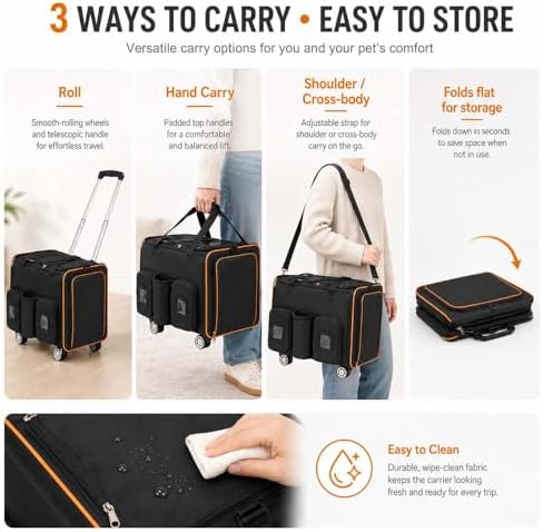 Large Cat Carrier on Wheels for 2 Cats, Double Rolling Pet Carrier - Image 7