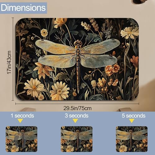 Bathroom Floor Mat, Vintage Dragonfly Bathroom Rugs, Quick Dry Rustic Flowers - Image 2