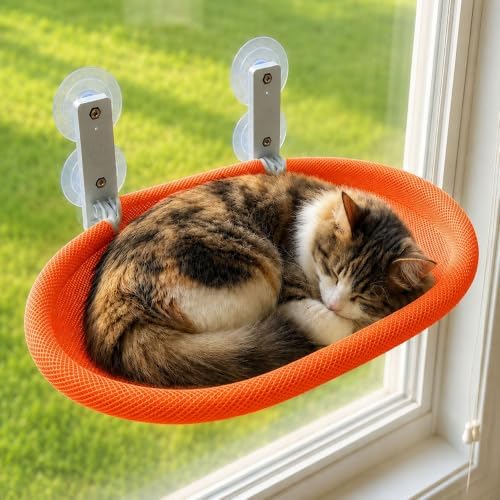 Foldable Cat Window Perch with Suction Cups & Orange Breathable Mesh Cover by Unknown