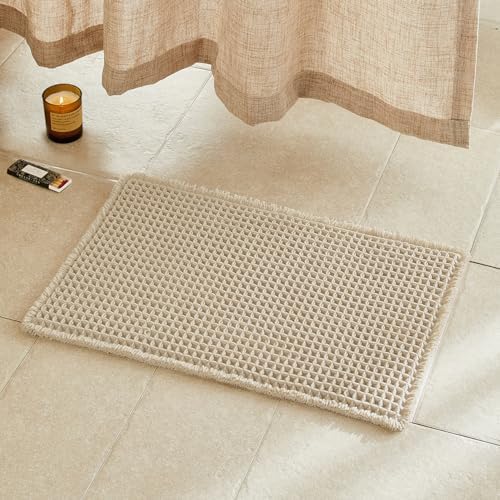 TYUU Waffle Bath Mat, Small Boho Bathroom Rugs Non Slip 24x16 Pale Beige by TYUU