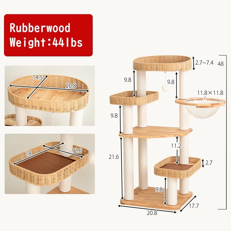 48'' Cat Tree for Large Cats, Modern Cat Tree Multi-Level Condo with Natural Wood, Cat Activity Centre for Medium and Big Pets (White LS02)