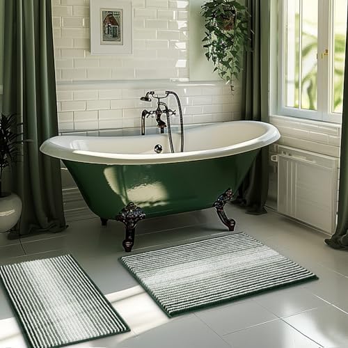 BSICPRO Bathroom Rugs Sets 2 Piece, Non Slip Striped Bath Mat, Hunter Green by BSICPRO