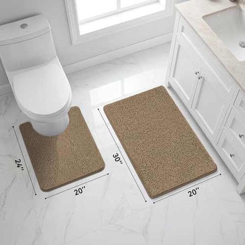 Bcoimo U Shaped Bath Rug Mat Set, 2 Piece Chenille Tan Toilet Bathroom Rugs - Image 5