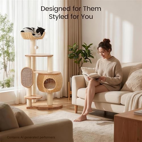 Modern Cat Tree，Cat Tower with Scratching Post, Handwoven Pumpkin Nests and - Image 3