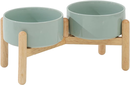 Ceramic 6.1inch Raised Dog Bowl with Stand for Small and Medium Breed Dog Dish Pet Food and Water Bowl (Double Bowl with Stand - Light Green, 28oz)