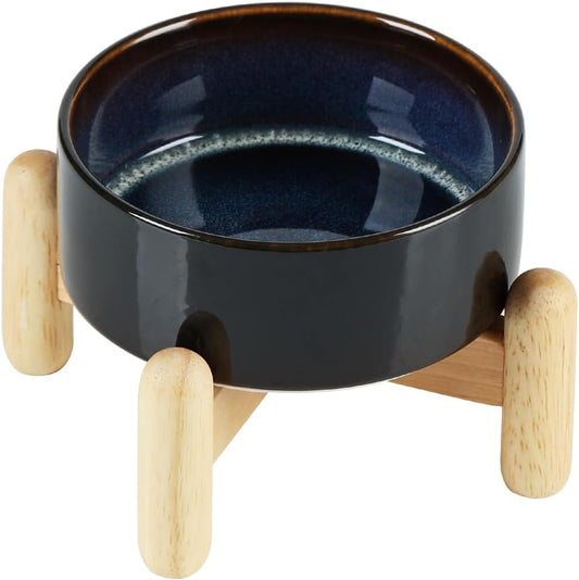 Ceramic 5.1inch Raised Dog and Cat Bowl Set, Elevated with Wooden Stand, Food and Water Bowl for Small Breed Dogs, Cats, Kitty, Weighted Dog Dishes, Pet Bowls(13.5oz, Starry Sky)