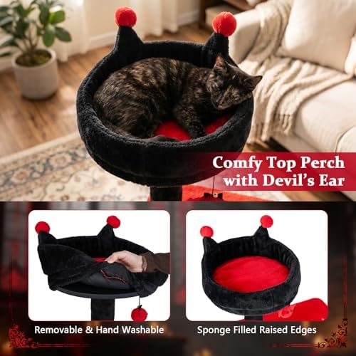 PETSITE 57-inch Gothic Cat Tree, Bat-Shaped Dangling Ball, Comfy Condo - Image 5