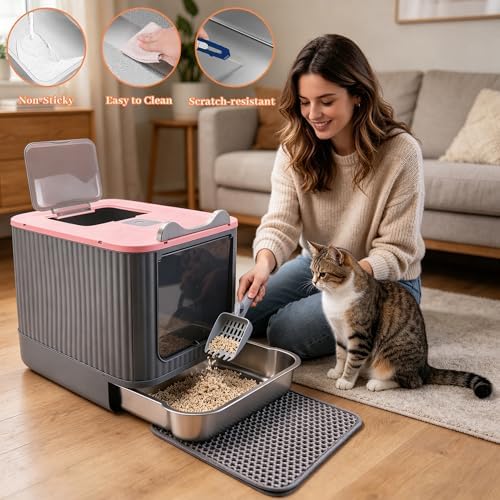 Stainless Steel Cat Litter Box Enclosed, Dual Entry, Pull-Out Tray - Image 3