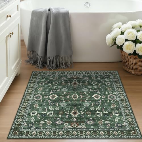 2x2 Square Bathroom Rug Soft Vintage Low Pile 24x24 Carpet Green - Image 3